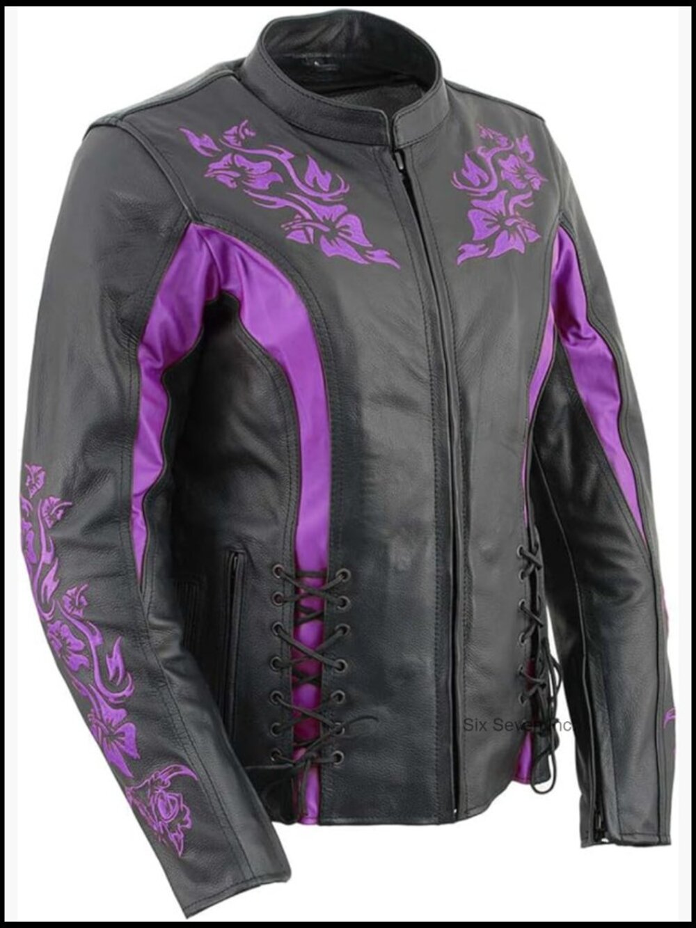 Women's Premium Leather Racer Style Biker Jacket with Mandarin Collar